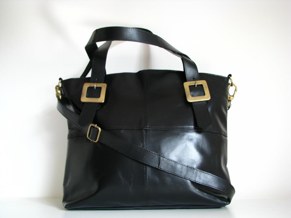 Leather Handbag Buckle Tote, Black