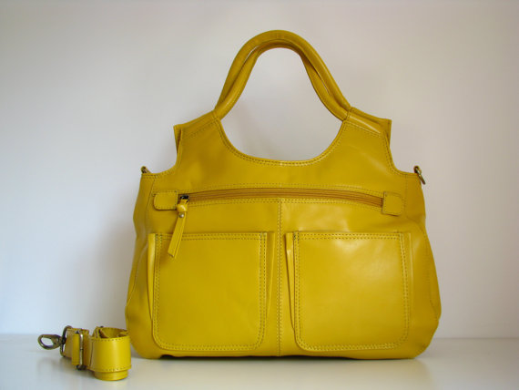 Leather Handbag Satchel Tote Yellow on Luulla
