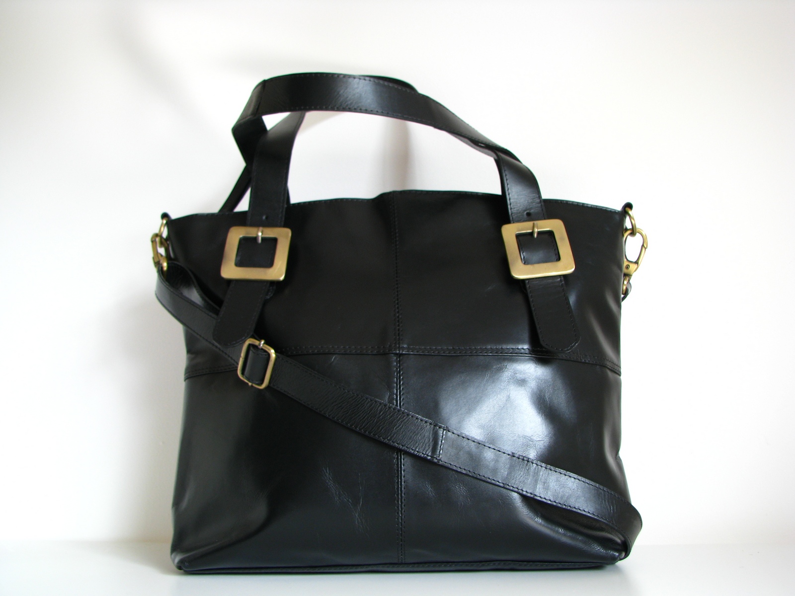 Leather Handbag Buckle Tote, Black on Luulla